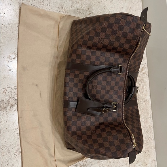 Louis Vuitton keepall 50 travel bag in ebene damier canvas and brown leather. - Picture 4 of 9